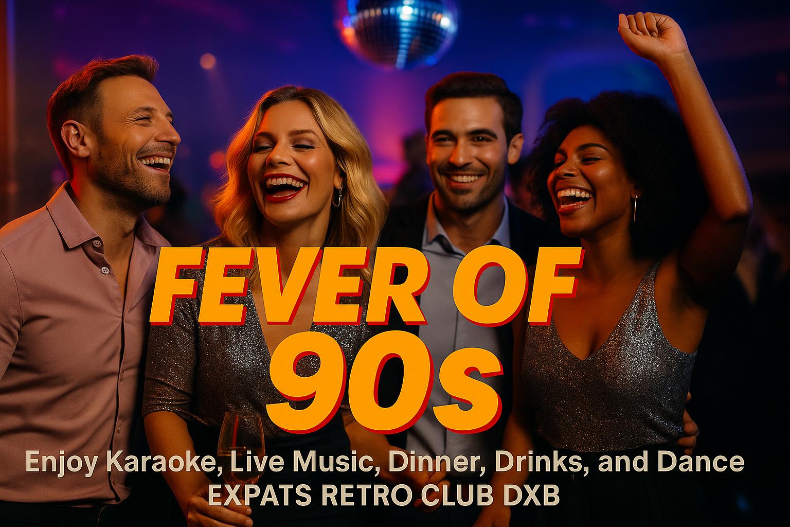 Friends dancing and smiling at 90s-themed party in Dubai